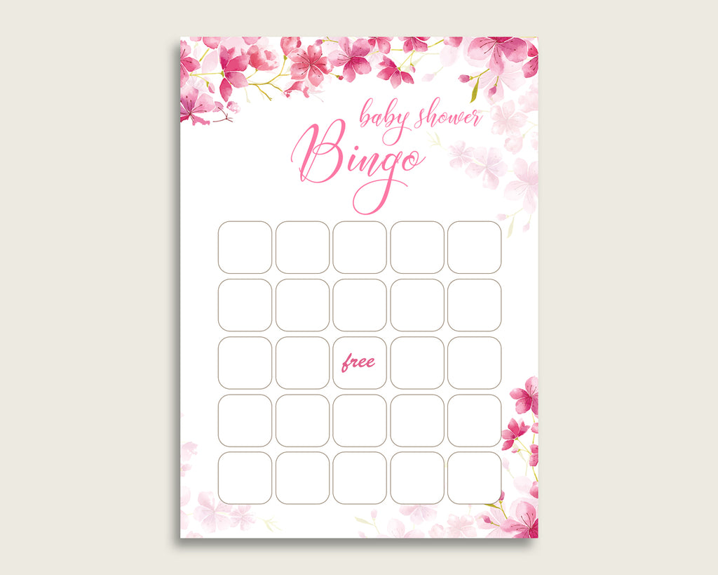 Pink White Baby Shower Bingo Blank Game Printable Cherry Blossom