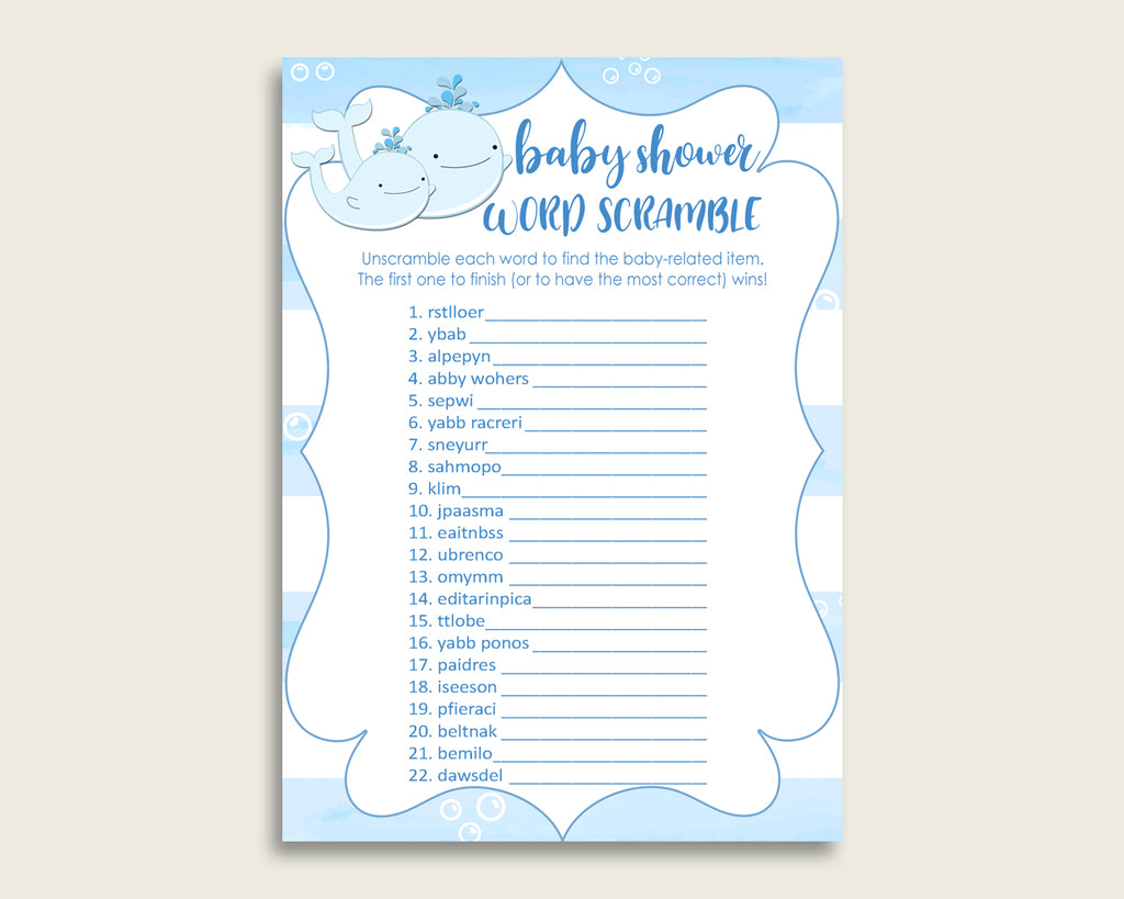 Boy Baby Shower Word Scramble Game Printable, Cute Whale Blue White Wo