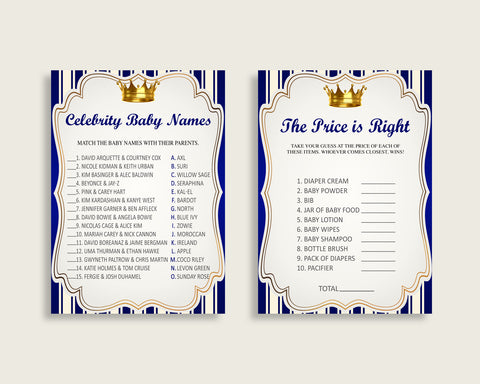 Royal Prince Baby Shower Games Printable Pack, Blue Gold Baby Shower G ...