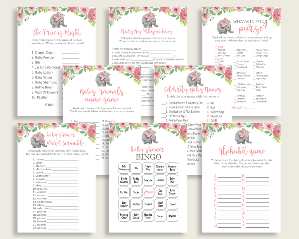 Pink Elephant Baby Shower Games Printable Pack Pink Grey Baby