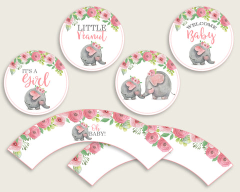 Pink Elephant Cupcake Toppers Pink Grey Cupcake Wrappers Toppers