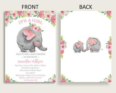 pink elephant baby shower invitations printable, digital or