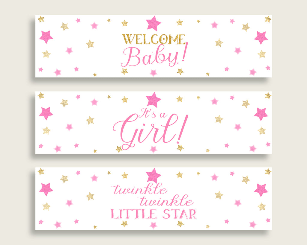 Pink Gold Water Bottle Labels Printable, Twinkle Star Water Bottle Wraps,  Twinkle Star Baby Shower Girl Bottle Wrappers, Instant bsg22 In Free Water Bottle Labels For Baby Shower Template