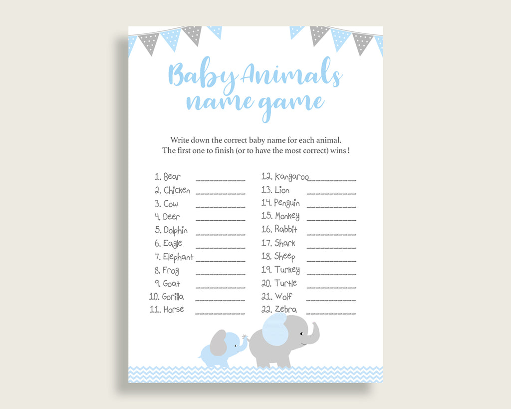 Elephant Name The Baby Animals Game Printable Blue Grey Baby Shower A Studio 118