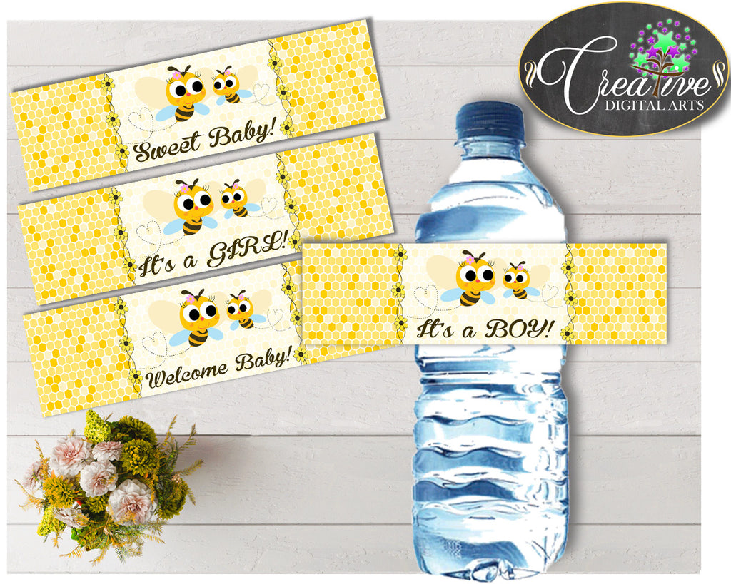 Baby shower WATER BOTTLE LABELS printable with yellow bee, digital files,  Pdf, Jpg, instant download - bee22 With Free Water Bottle Labels For Baby Shower Template