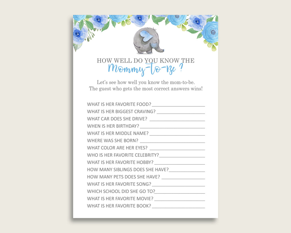 Blue Gray How Well Do You Know Mommy Game Elephant Blue Baby Shower