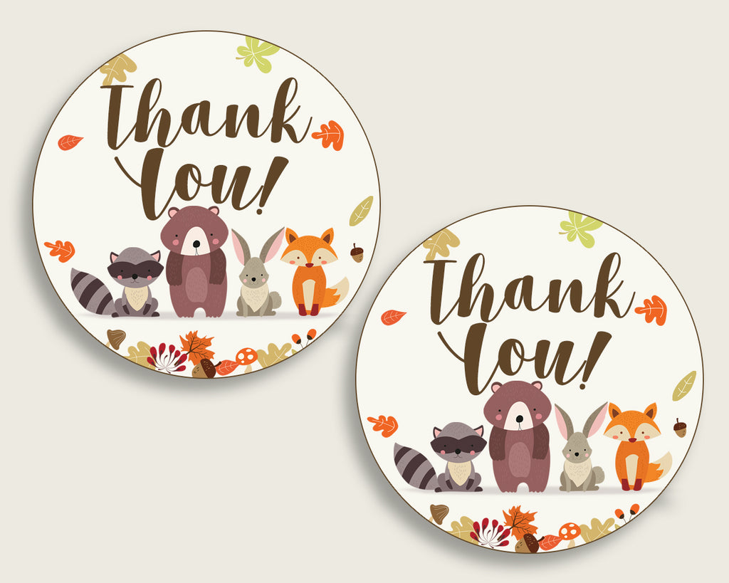 Woodland Baby Shower Round Thank You Tags 2 Inch Printable Brown Beig Studio 118