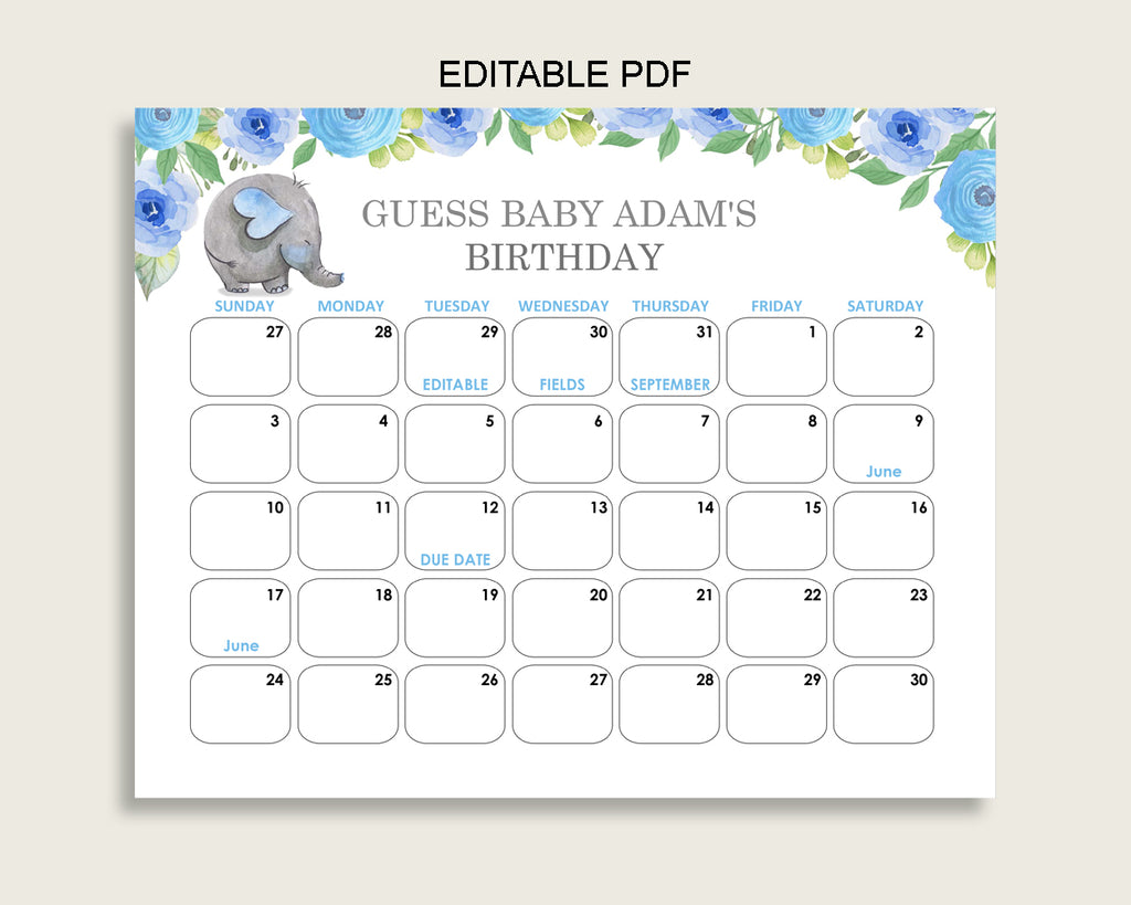 Blue Gray Guess Baby Due Date Calendar Game Printable Elephant Blue B Studio 118