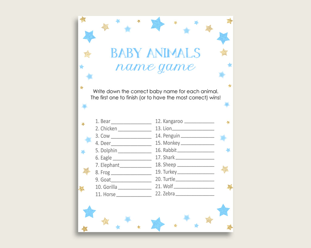 Stars Name The Baby Animals Game Printable Blue Gold Baby Shower Anim Studio 118