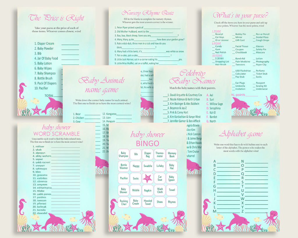 Under The Sea Baby Shower Games Printable Pack Pink Green Baby Shower Studio 118