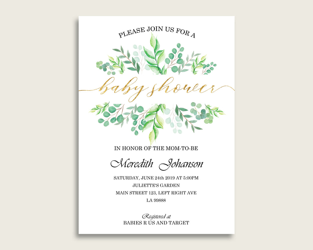 green and gold baby shower invitations