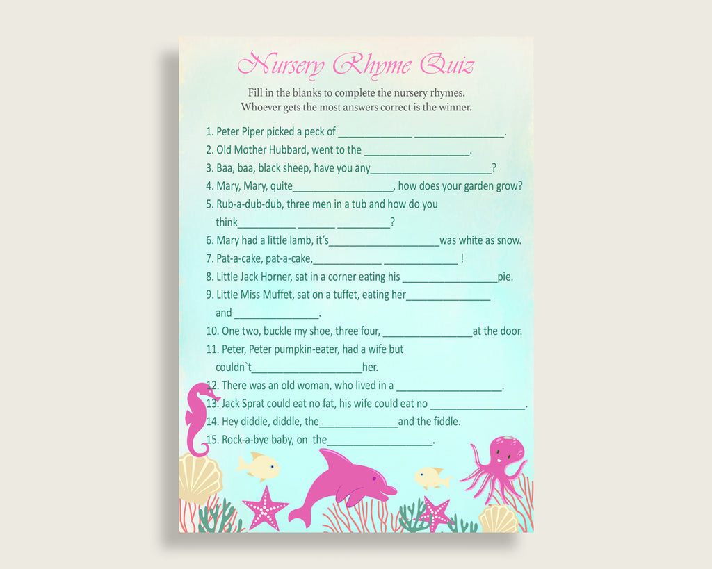 Under The Sea Nursery Rhyme Quiz Printable Pink Green Nursery Rhyme