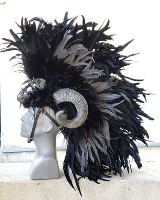 Dragon Slayer Headdress- Black feather headdress with ram horns and dragon skull