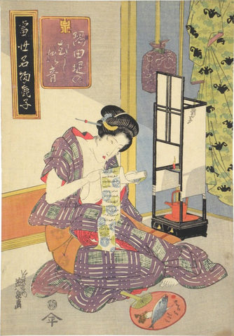 Japanese woodblock print of woman kneeling and inspecting dyed fabrics by Keisai Eisen