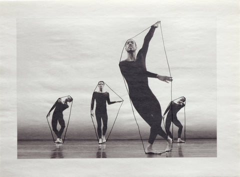 Nancy Brooks black and white photo with line drawing of Merce Cunningham dancers with lines drawn around their bodies 2013