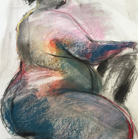 sheila skemp vibrant charcoal and pastel figure drawing of curvy woman sitting in chair