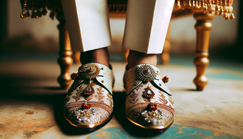 Indian Groom in Traditional Embellished Mojaris - Luxurious Wedding Footwear for Indian Wedding