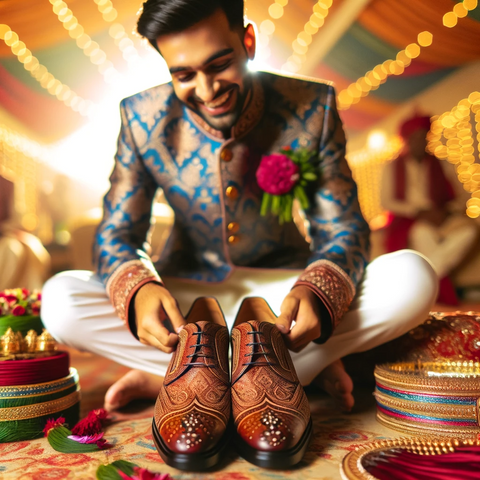 Joyous Indian Groom in Festive Attire Showcasing His Wedding Footwear dmodot