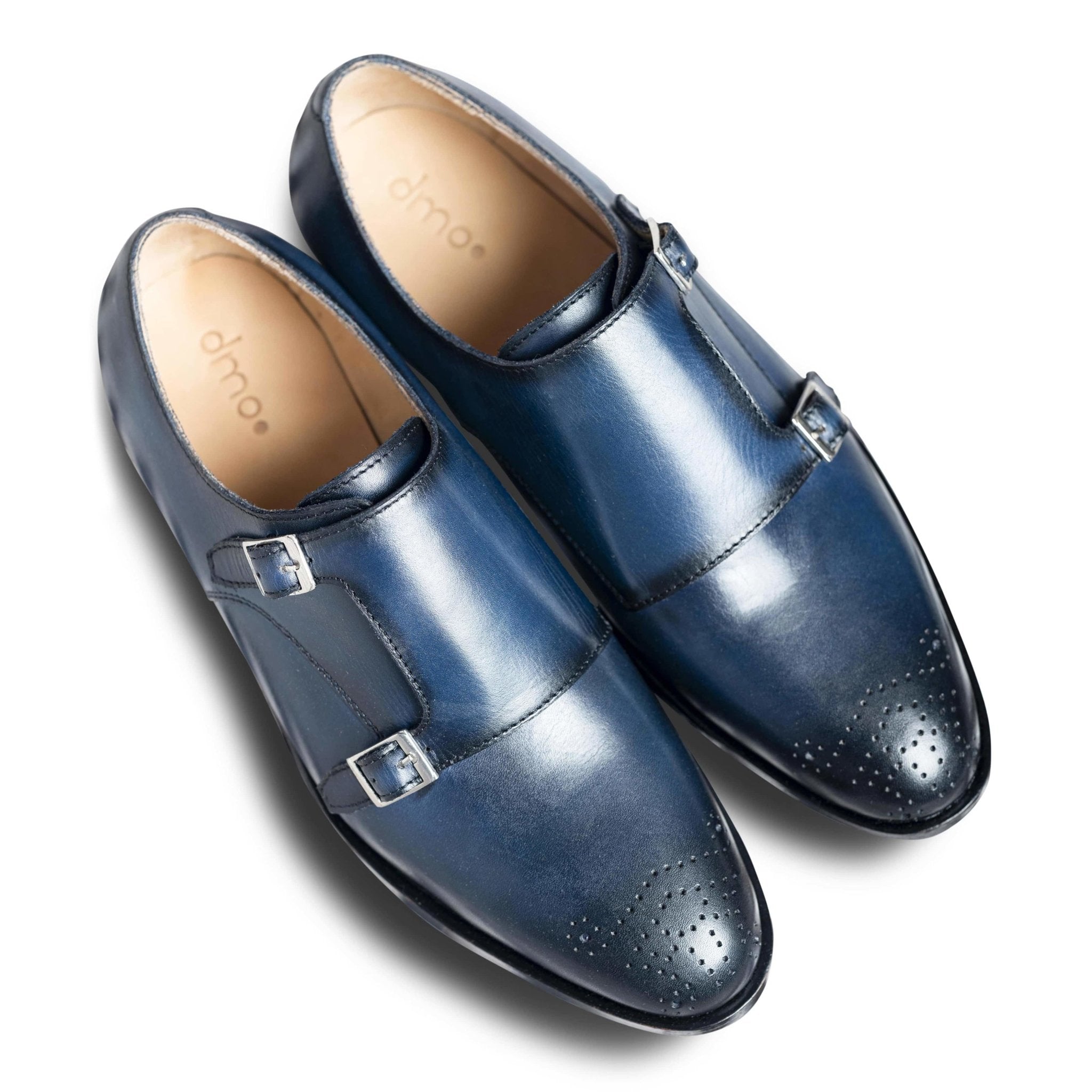 Azzurro | Deep Blue Leather Monk Strap Shoes for Men | dmodot