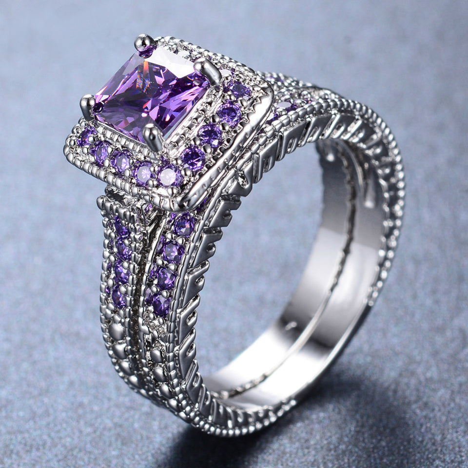 Elegant Amethyst Ring Set White Gold Filled Bridal Sets