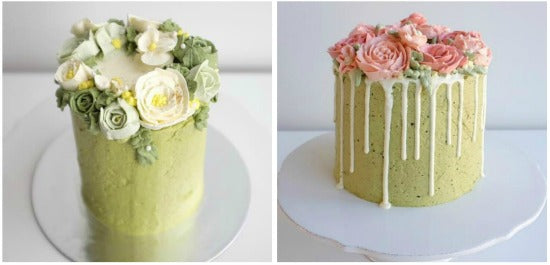 Gorgeous Matcha Rose Garden Cake with matcha cake coated with matcha swiss meringue buttercream and decorated with buttercream roses