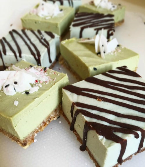 Vegan Raw Matcha Coconut Cheesecake with nutty crust with light rich earthy matcha coco cream filling 