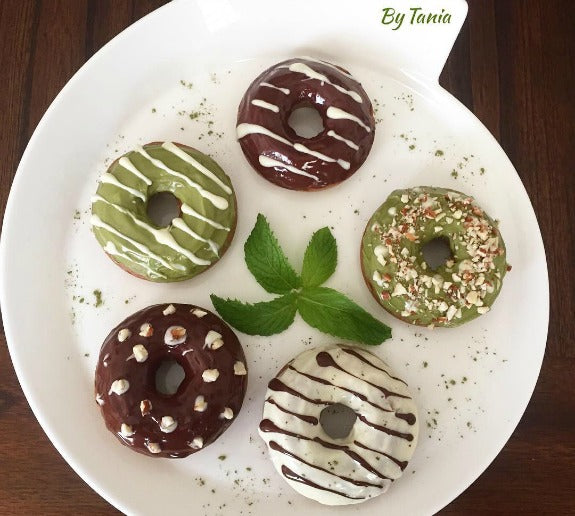 Matcha Chocolate Glazed Donuts (vegan) with matcha chocolate glaze, white chocolate glaze, and dark chocolate glaze
