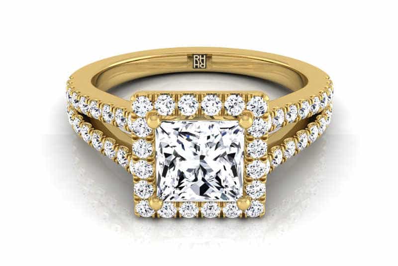 princess cut split shank and diamond pave halo engagement ring