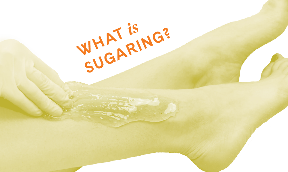 Photo of woman sugaring her left with text "What is sugaring?"