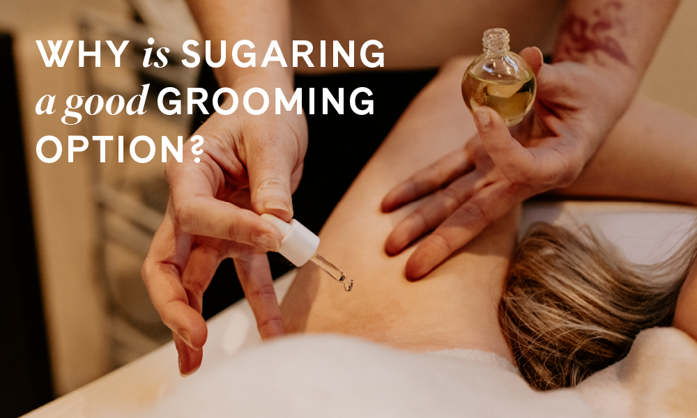 Photo of woman applying Ingrown Concentrate with "Why is sugaring a good grooming option?" text