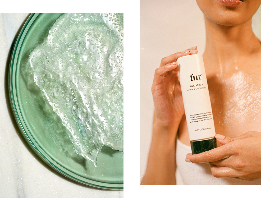 Silk Scrub spread on a green dish / Woman holding Silk Scrub bottle.