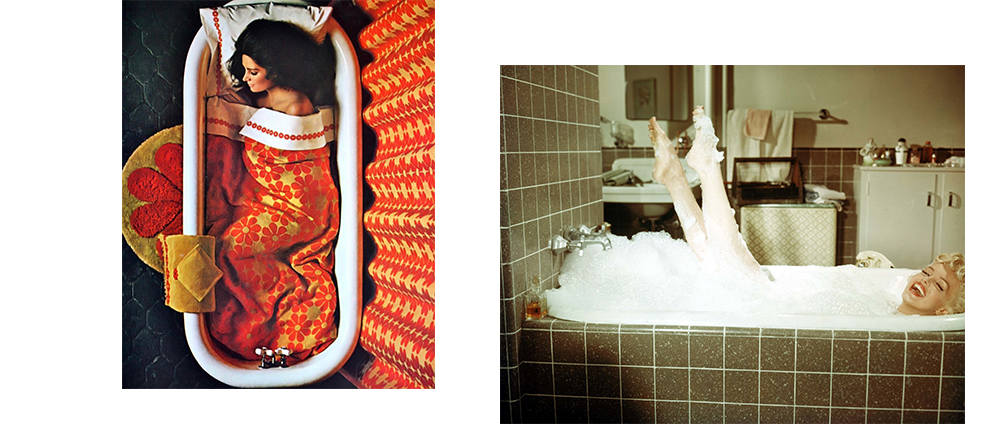 Woman in a stocking in a bath  / Woman taking a bath with her legs raised.