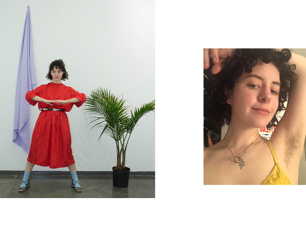 Woman in red dress with curly hair / woman with curly hair with arm raised.