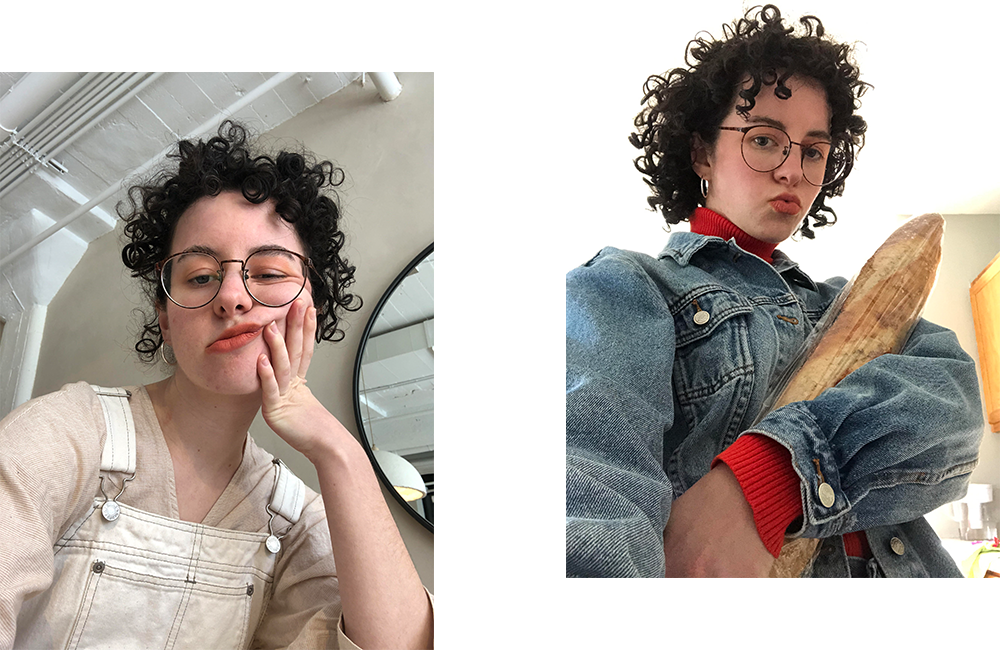 Woman with curly hair / woman with curly hair holding baguette. 