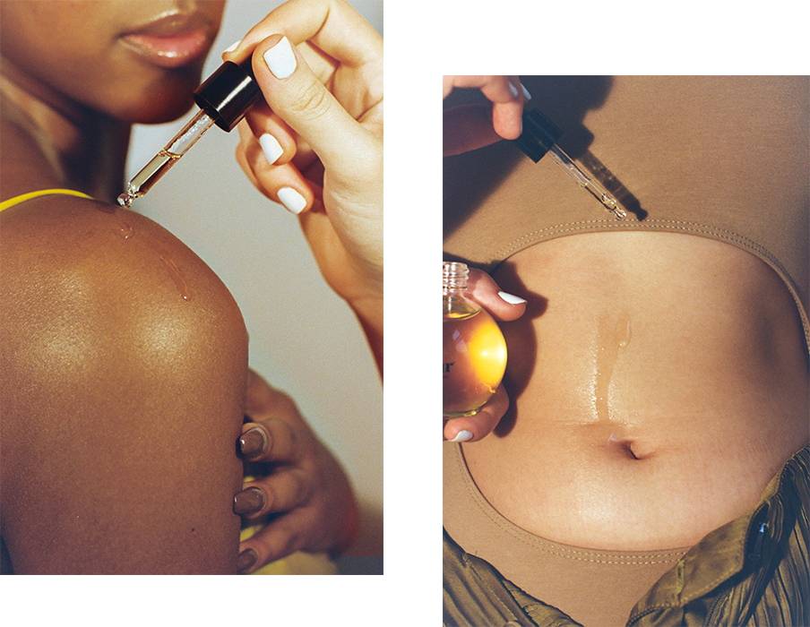 Woman applying Fur Oil to another woman's shoulder / woman applying Fur Oil to her stomach. 