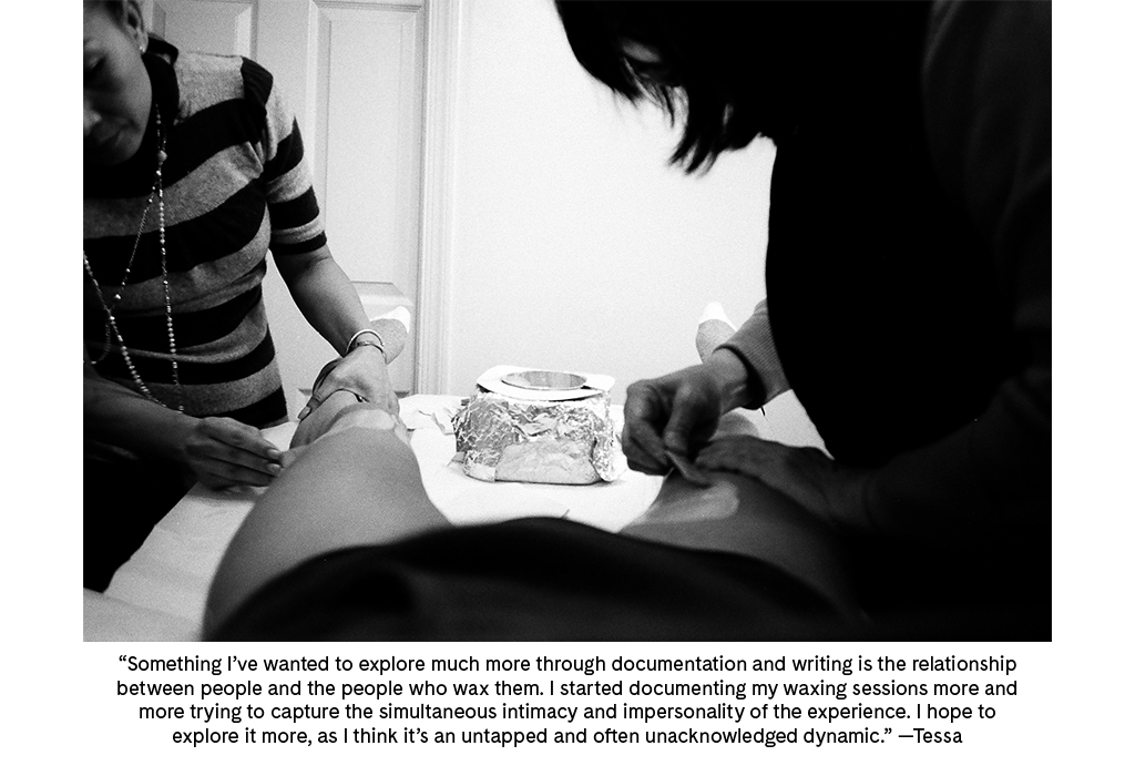 Woman getting her legs waxed. 