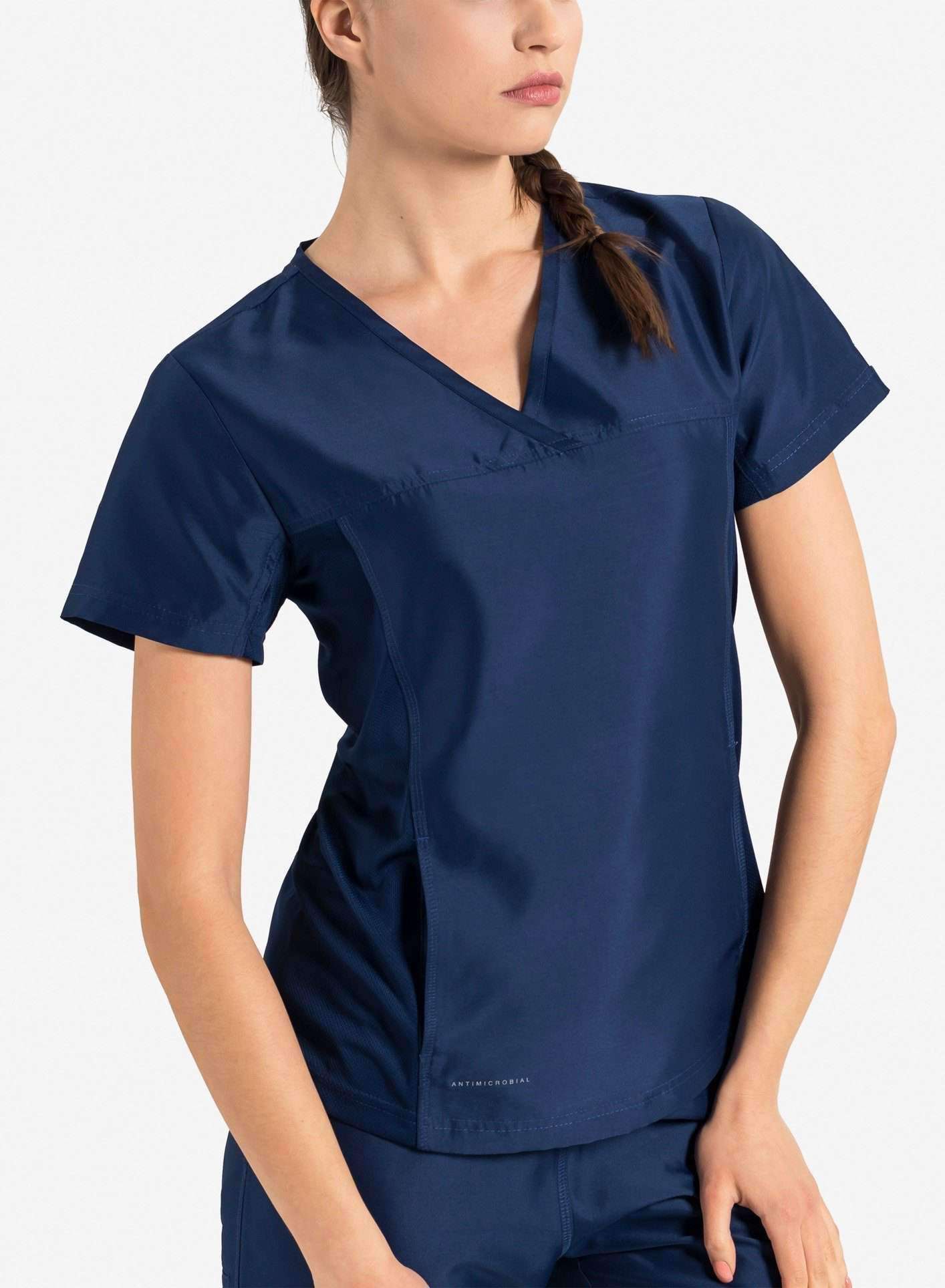 Women S Hidden Pocket Scrub Top TiScrubs   Womens Short Sleeve Hidden Pocket Scrub Top Navy Blue Elements Front 