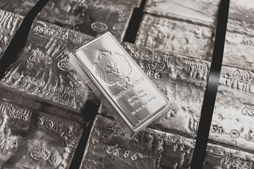 A large silver bullion bar with .999 purity.