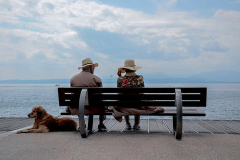 Older couple on bench by the ocean