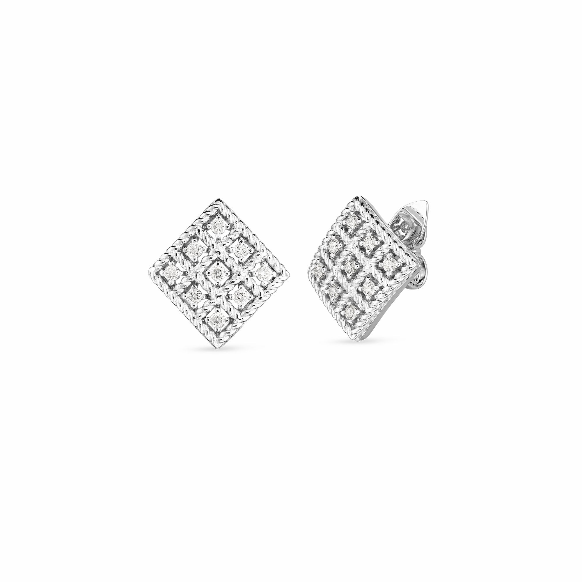 18k White Gold Diamond Byzantine Barocco Small Square Stud