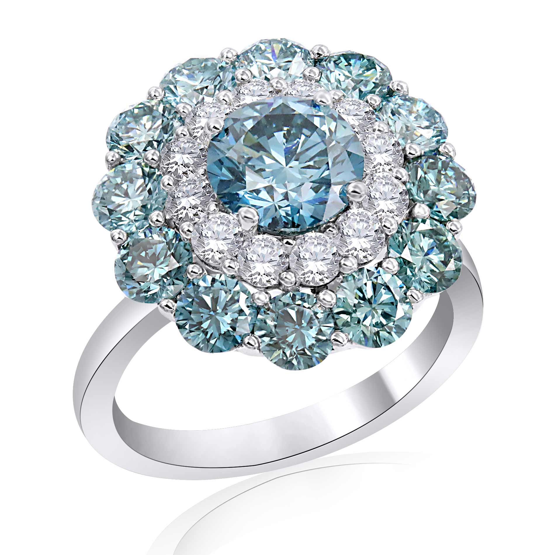 14K White Gold 4.70CTTW Ice Blue and White Lab Grown Diamond Flower Cocktail Ring