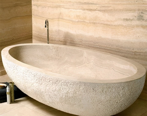 Ivory Cross Cut Elongated ORock Travertine Bathtub Hawaii Stone Imports