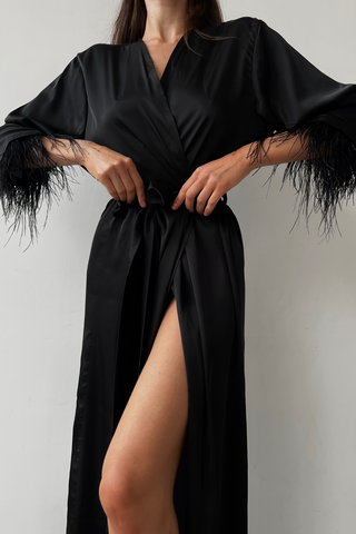 Aster black kimono long robe with feathers in cuffs