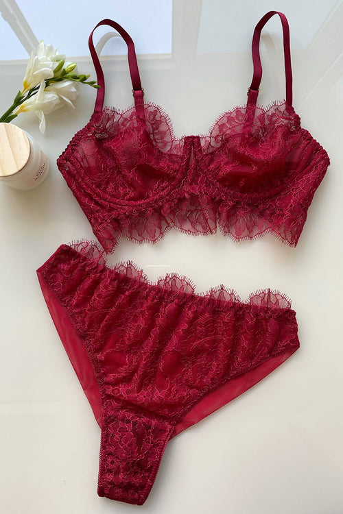 mendoza store Women's Burgundy Coverless Lace Stylish Bra Set with