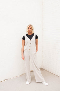 Jade V-Neck Button Down Jumpsuit | Ivory Black