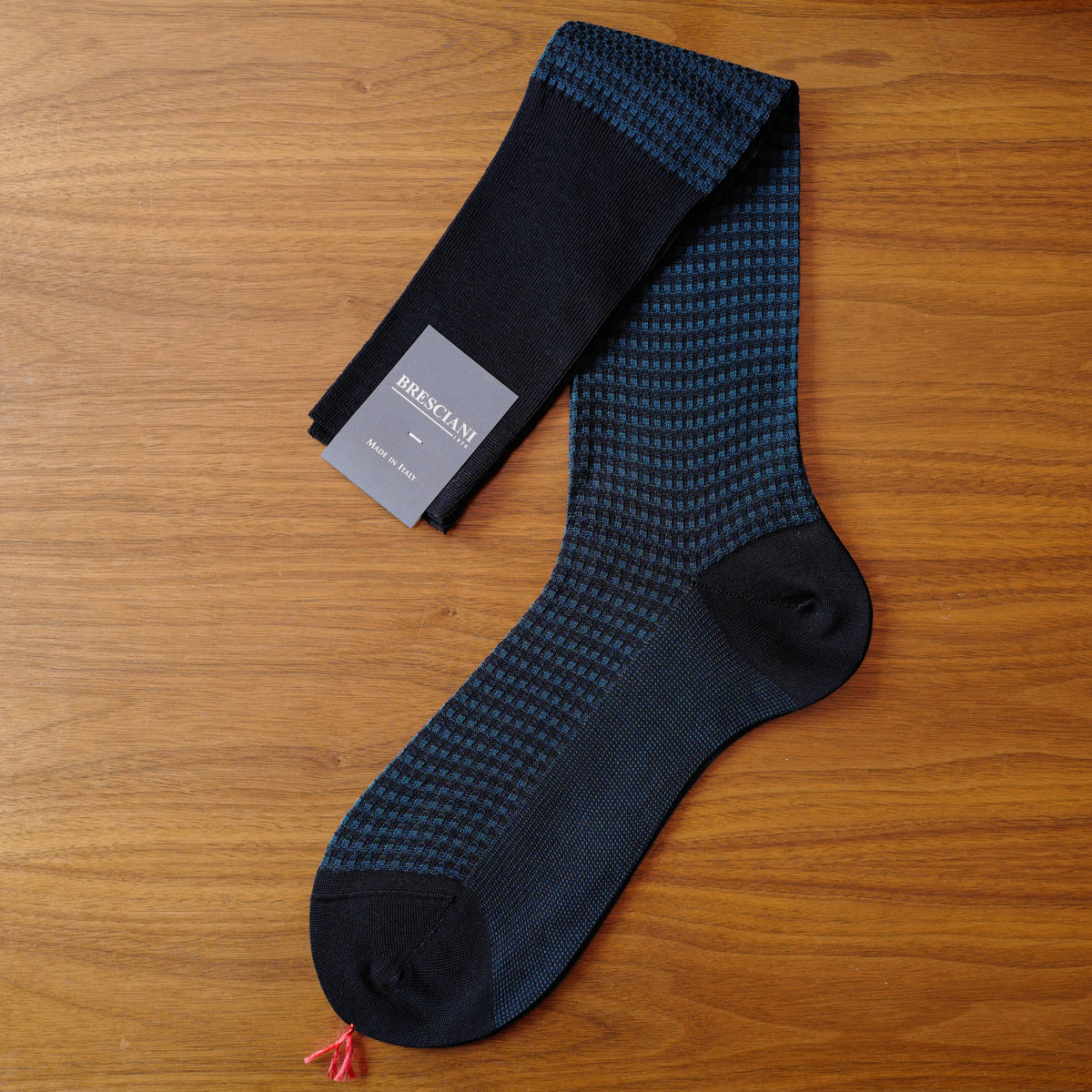 Navy Cotton Over The Calf Socks With Check Pattern Last Lapel