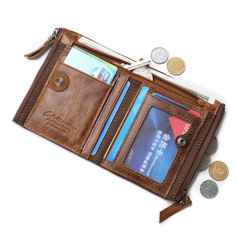 Retro Leather Double Zipper RFID Men&#39;s Money Clip Wallet – TANGEEL