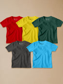 Plain Kids T-Shirt Combo - Red, Yellow, Green, Charcoal Melange & Sky Blue - Pack Of 5 - Be Awara