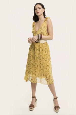 Mustard Yellow Floral Print Thin Strap Dress
