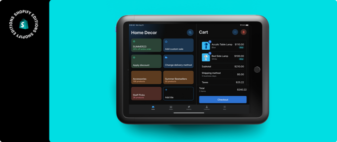 An ipad showing a shopping cart in the Shopify POS app on a blue background with a Shopify Editions logo in the corner.